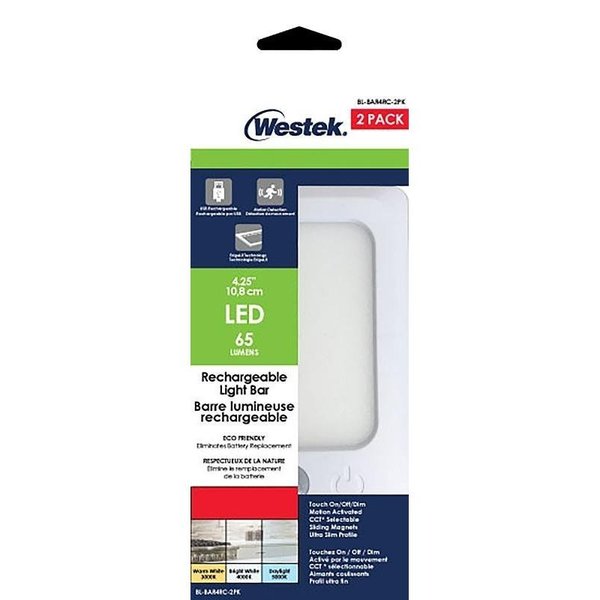Westek Rechargeable Bar Light, 5 V, LithiumIon Battery, LED Lamp, 60, 65, 60 Lumens, White BL-BAR4RC-2PK